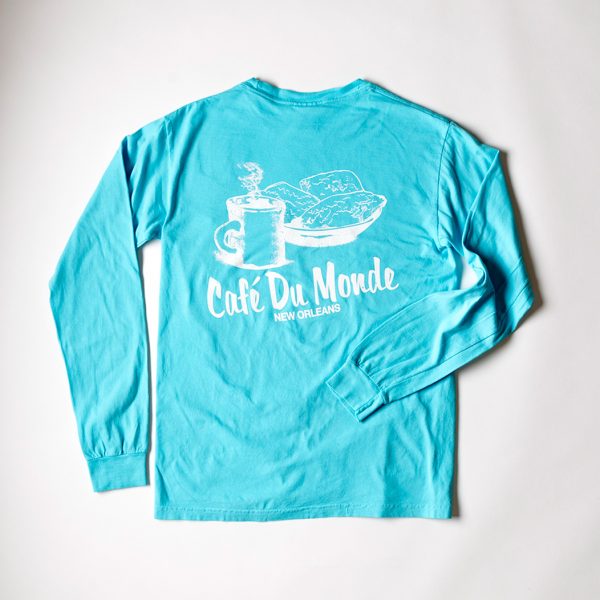 Cafe du Monde Lagoon Blue Pocket Long Sleeve Tee Shirt